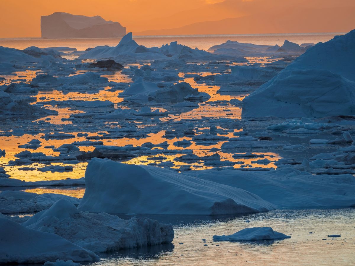 Ilulissat Icefjord also called kangia or Ilulissat Kangerlua sunset over Disko Bay The icefjord is listed as UNESCO world heritage America North America Greenland Denmark
