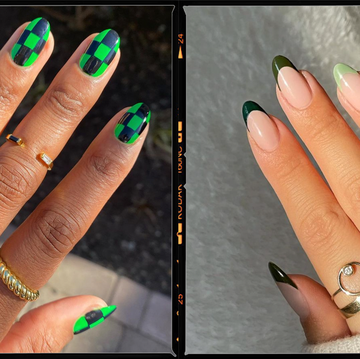 two hands with green nails, the one on the left has a black and green checkered pattern and the one on the right has green gradient french tips
