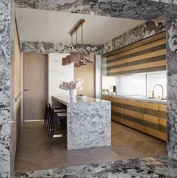a kitchen with a marble portal