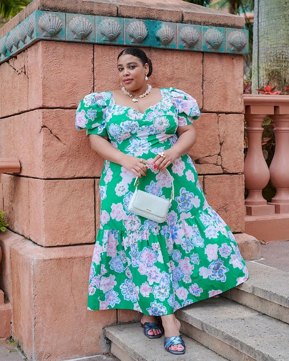 easter outfit ideas greivy wearing a green puff sleeve maxi dress