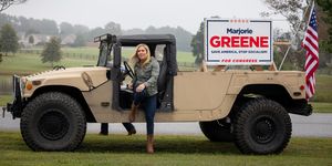 dallas, ga   october 15 georgia republican house candidate marjorie taylor greene and sen kelly loeffler r ga arrive at a press conference in a humvee during which greene endorsed loeffler on october 15, 2020 in dallas, georgia greene has been the subject of some controversy recently due to her support for the right wing conspiracy group qanon photo by dustin chambersgetty images