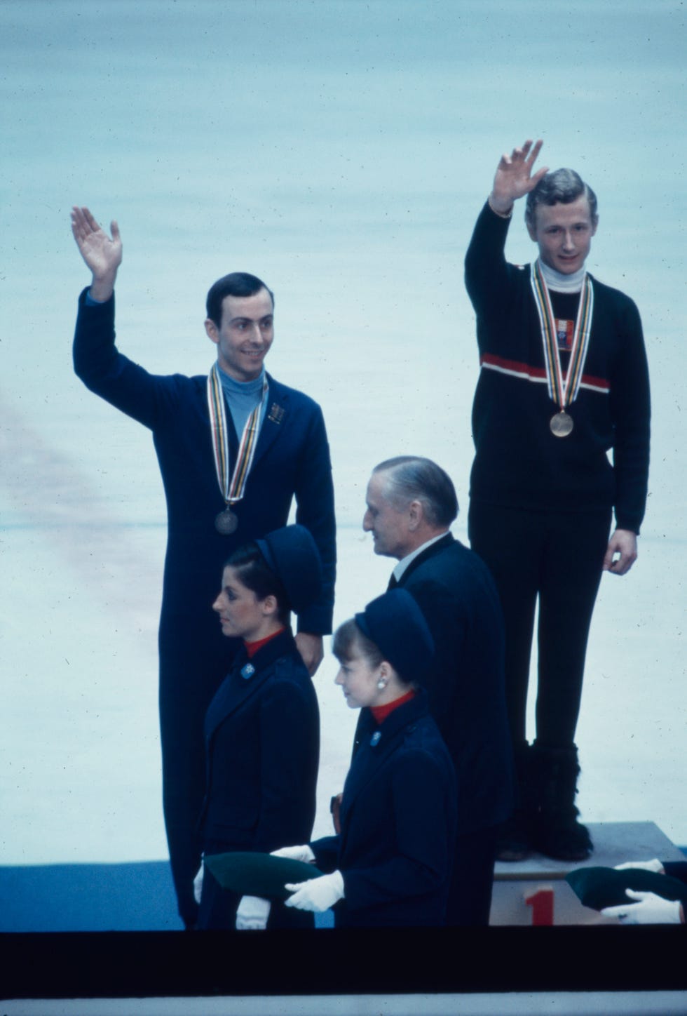 tim wood, wolfgang schwarz in medal ceremony at the 1968 winter olympics