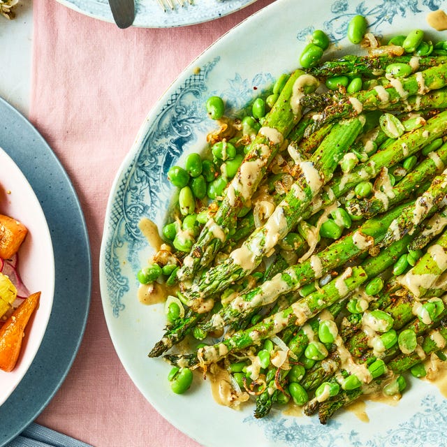 Griddled asparagus with broad beans and tahini