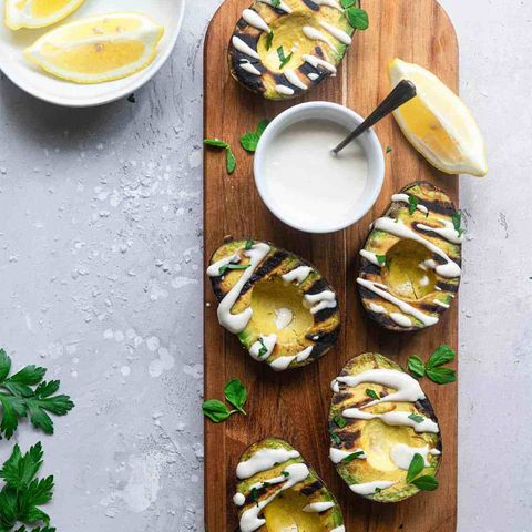 grilled avocados with feta tahini sauce