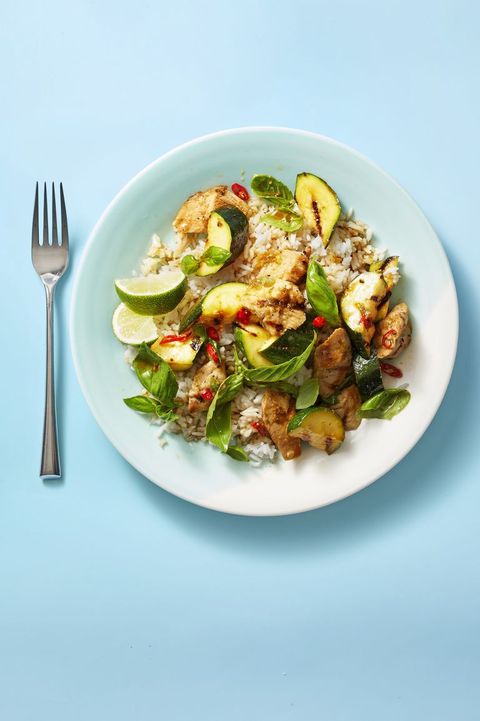 grilled basil chicken and zucchini over white rice