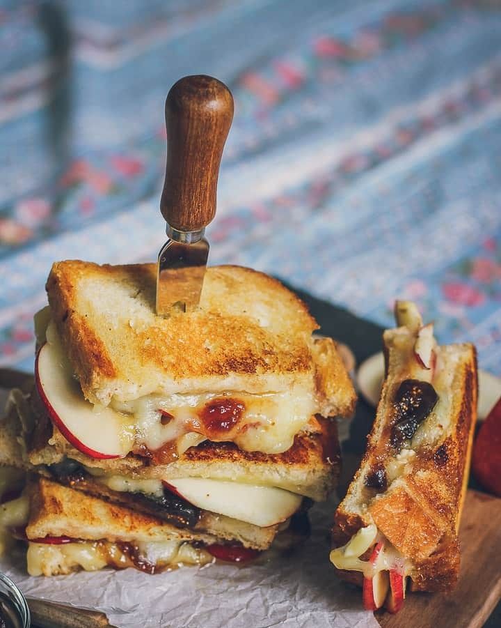 brie grilled cheese with fig jam and cheese knife