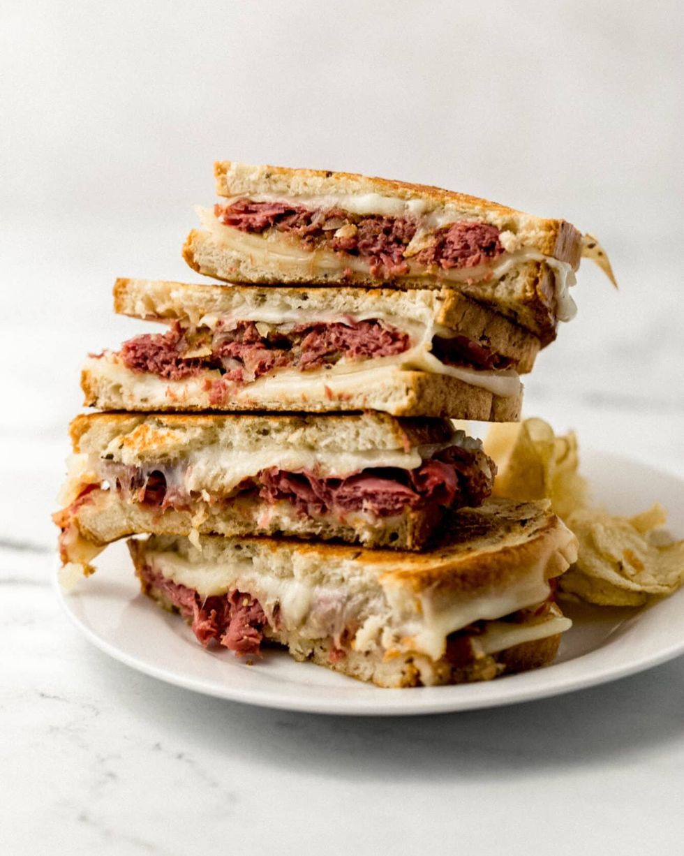 corned beef grilled cheese stacked up