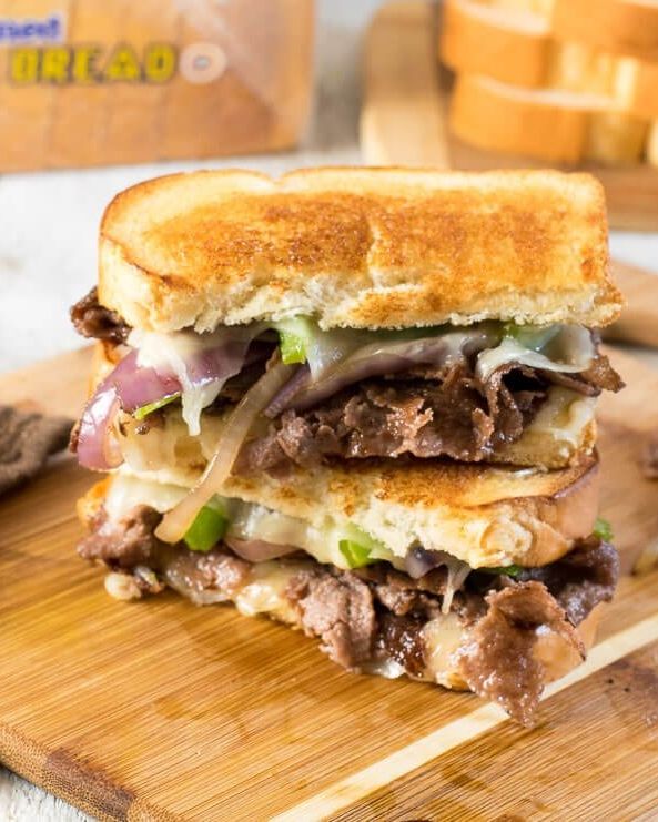 philly cheesesteak grilled cheese stacked