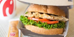 Food, Dish, Cuisine, Fast food, Veggie burger, Original chicken sandwich, Hamburger, Ingredient, Junk food, Sandwich, 