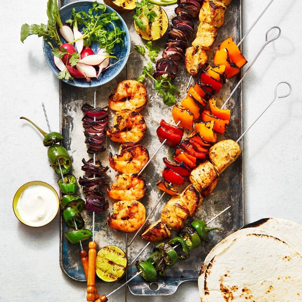 grilled shrimp and vegetables on skewers