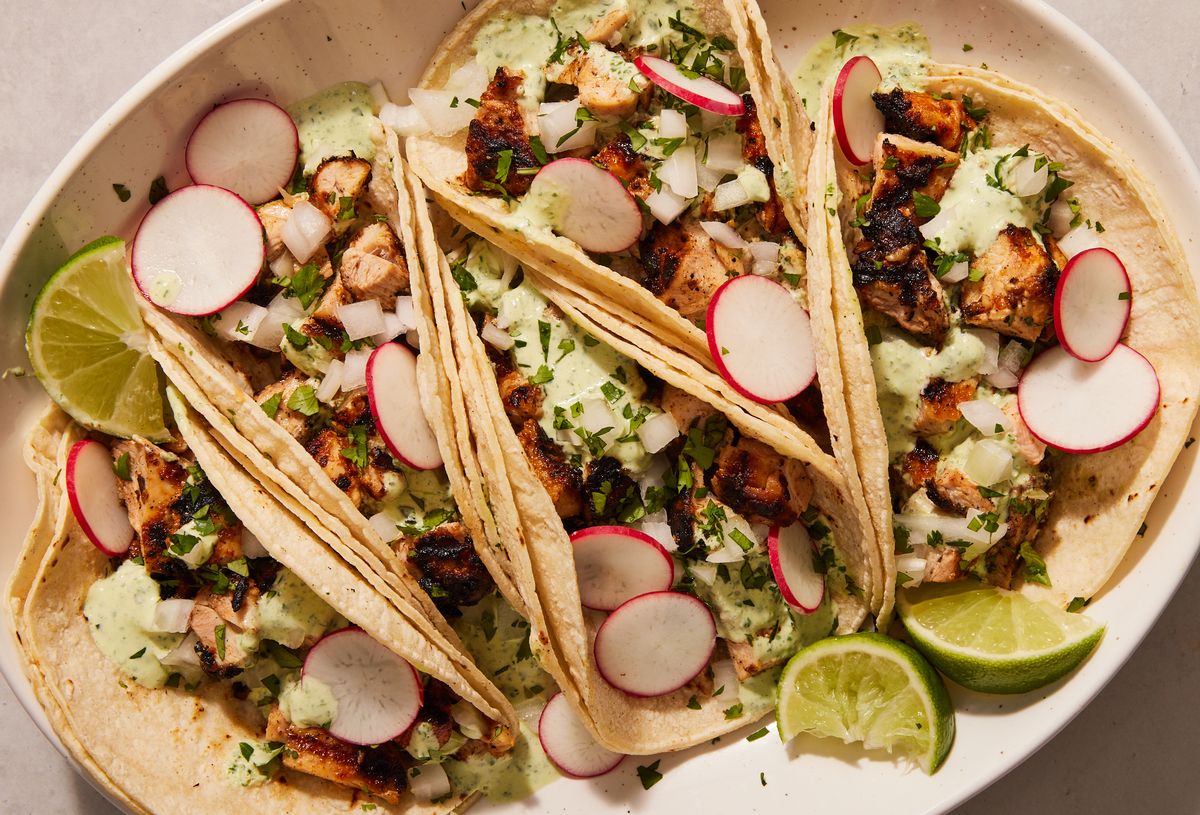 grilled chicken street tacos with cilantro lime crema