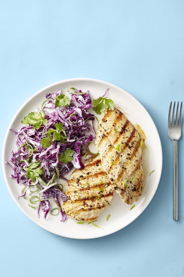 best grilled chicken recipes with a side of purple slaw on a white plate