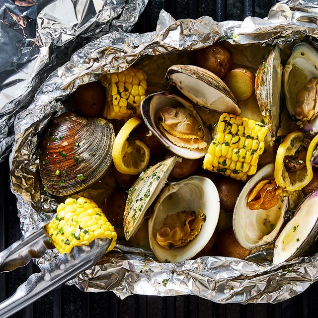 Grilled Clam Bake Foil Packs clams, corn, and potatoes in a grilled foil pack