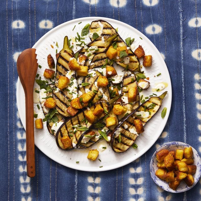 grilled eggplant with chickpea croutons