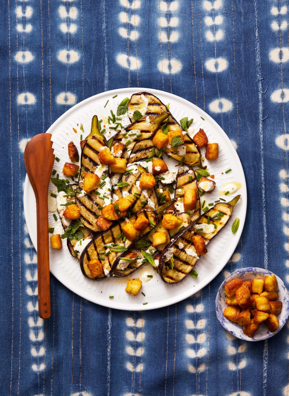 grilled eggplant with chickpea croutons