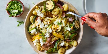 grilled gnocchi, zucchini, corn and onion salad
