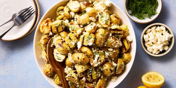 grilled potatoes tossed with a greek inspired feta and lemon sauce