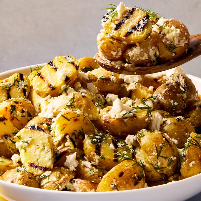 grilled potatoes tossed with a greek inspired feta and lemon sauce