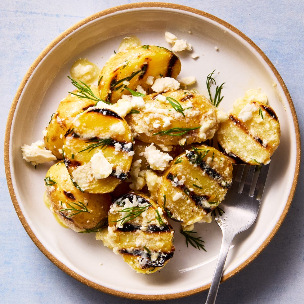 grilled potatoes tossed with a greek inspired feta and lemon sauce