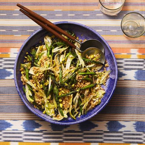 grilled green beans, fennel, and farro salad in a blue bowl