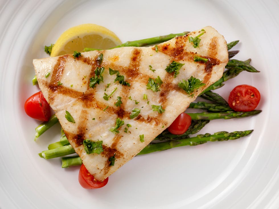 Grilled Halibut with Asparagus and Tomatoes