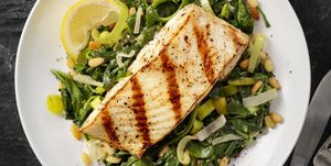 Grilled Halibut with Spinach, leeks and Pine Nuts