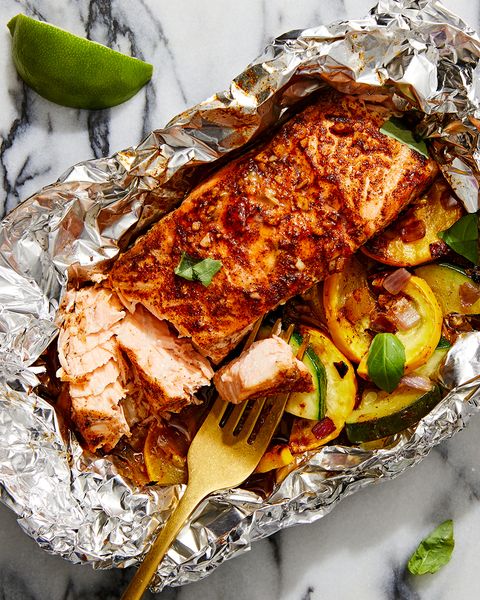 grilled honeychipotle salmon foil packs with summer squash