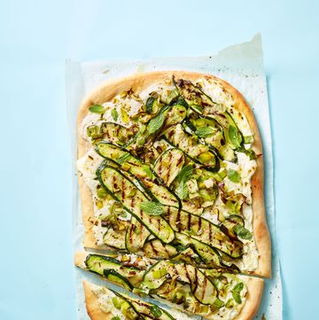 grilled leek, zucchini and ricotta pizza