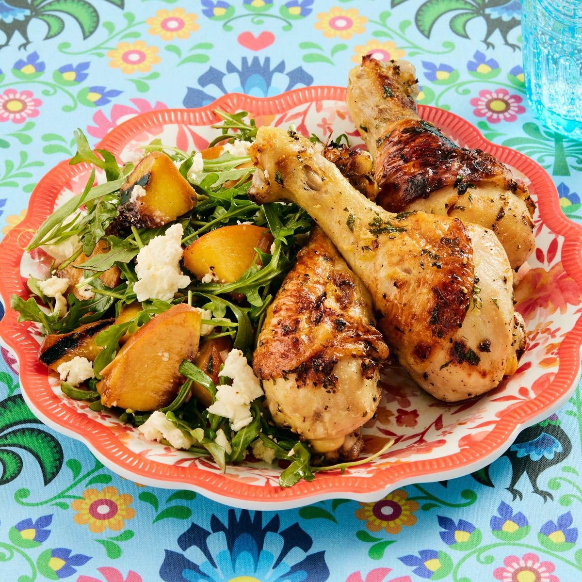 the pioneer woman's chicken drumsticks with grilled peach salad recipe