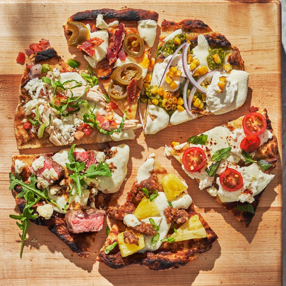 grilled pizza with every slice being a different flavor combo