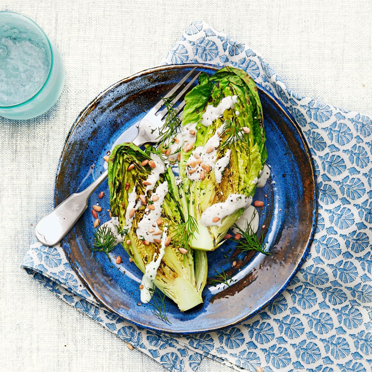 grilled romaine lettuce with creamy feta dressing