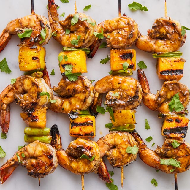 marinated shrimp skewered with pieces of mango and a few scallions, then grilled and glazed with a tangy mango chutney bbq sauce