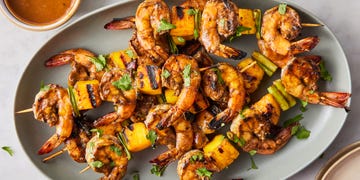 marinated shrimp skewered with pieces of mango and a few scallions, then grilled and glazed with a tangy mango chutney bbq sauce