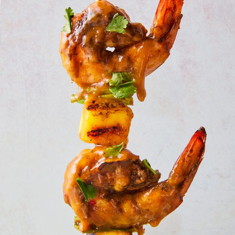 marinated shrimp skewered with pieces of mango and a few scallions, then grilled and glazed with a tangy mango chutney bbq sauce