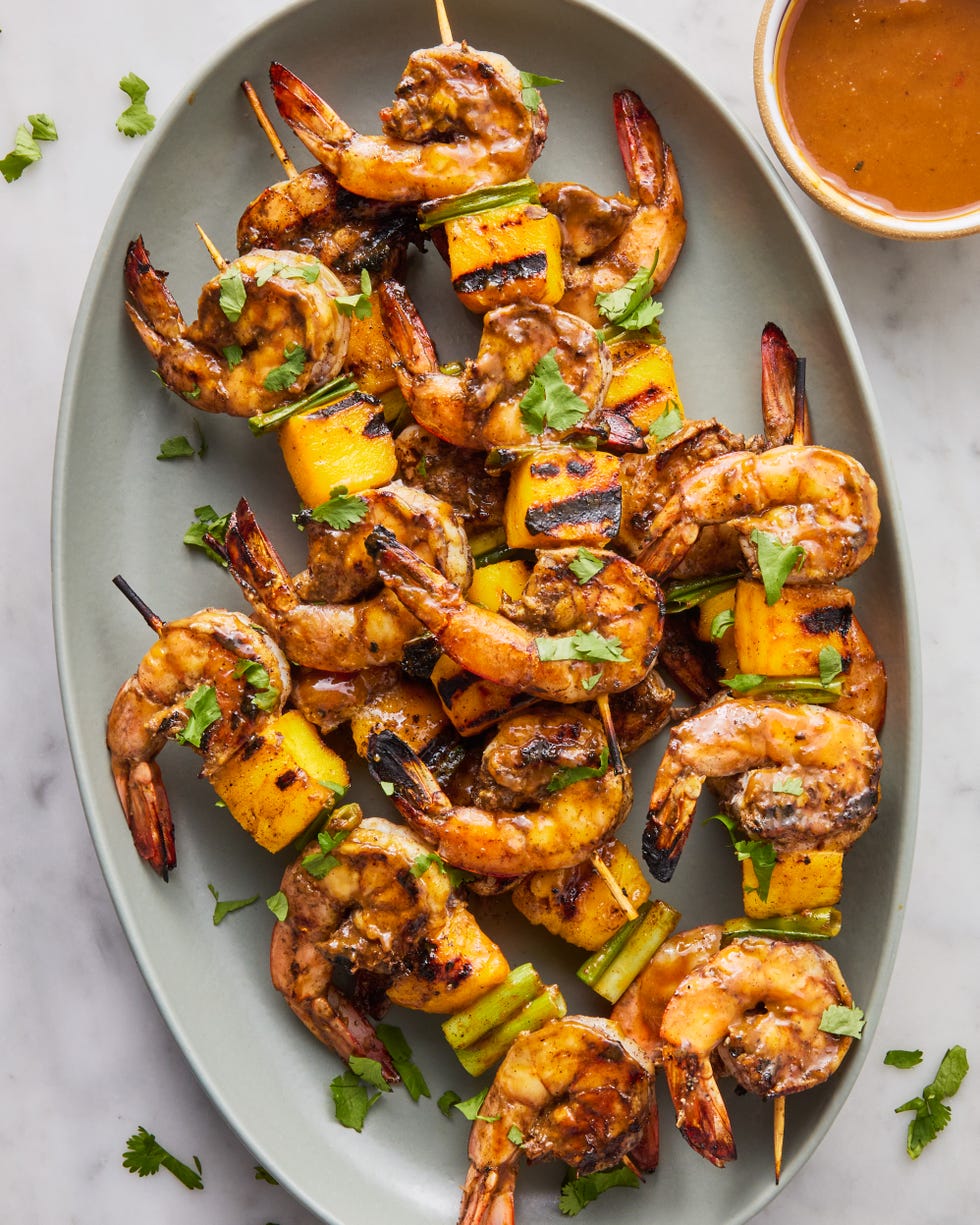 marinated shrimp skewered with pieces of mango and a few scallions, then grilled and glazed with a tangy mango chutney bbq sauce