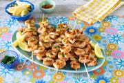 grilled shrimp skewers ron blue platter with lemon wedges