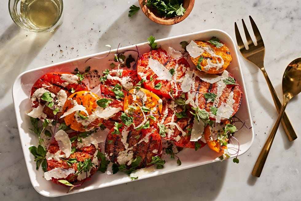 grilled tomatoes with tahini caesar