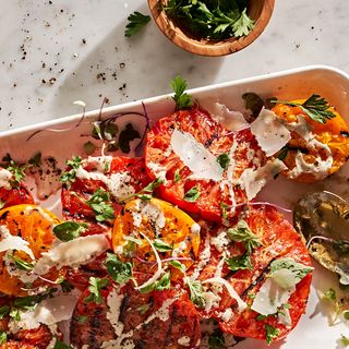 grilled tomatoes with tahini caesar