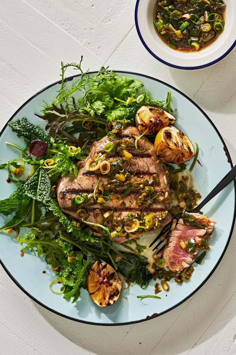 grilled tuna steak with scallion sauce