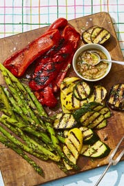 grilled zucchini, yellow squash, asparagus and red pepers with honey thyme vinaigrette