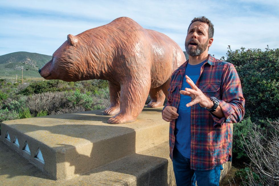 peter alagona, a professor of environmental studies and history at uc santa barbara, beside a sculpture in los osos that marks the site of the first encounter between spanish colonizers and a california grizzly, in 1769, a hunting party from gaspar de portolá’s expedition shot the bruin nine times, killing it and starting the path to the bears’ eventual extirpation in 1924