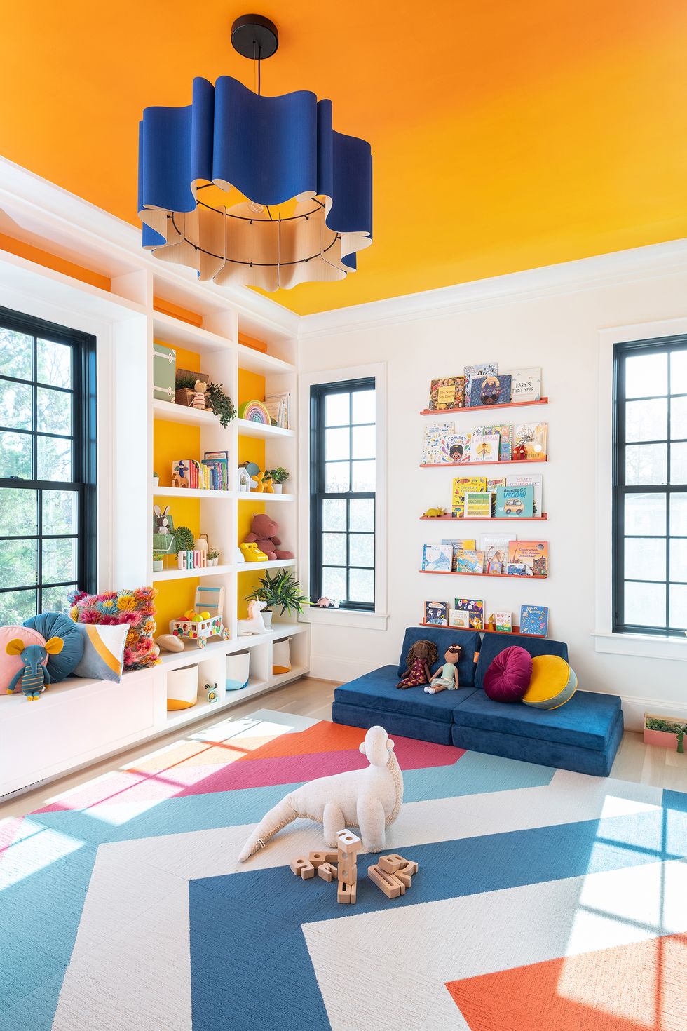 colorful playroom ideas, yellow ceiling