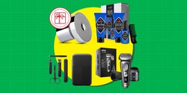 grooming products and tools for men displayed on a vibrant background