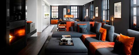 Living room, Room, Interior design, Furniture, Orange, Property, Building, Home, House, Couch, 