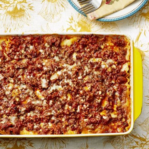 best lasagna ever in yellow baking pan