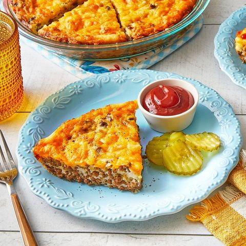 cheeseburger pie slice with pickles