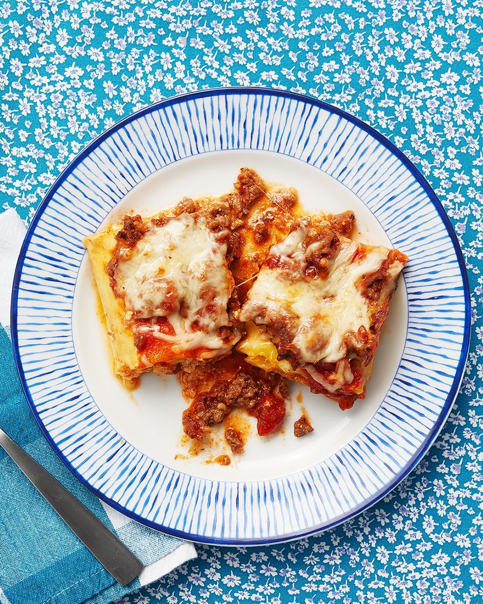 lasagna roll ups on blue plate