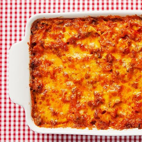 sour cream noodle bake on red checkered background