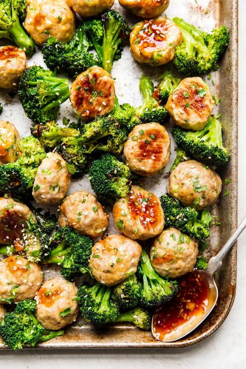 freezer teriyaki chicken meatballs with broccoli on sheet pan