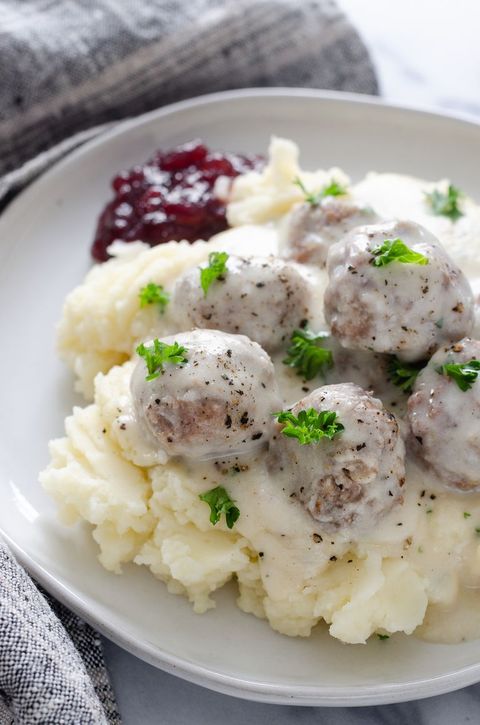 easy baked swedish meatballs over mashed potatoes